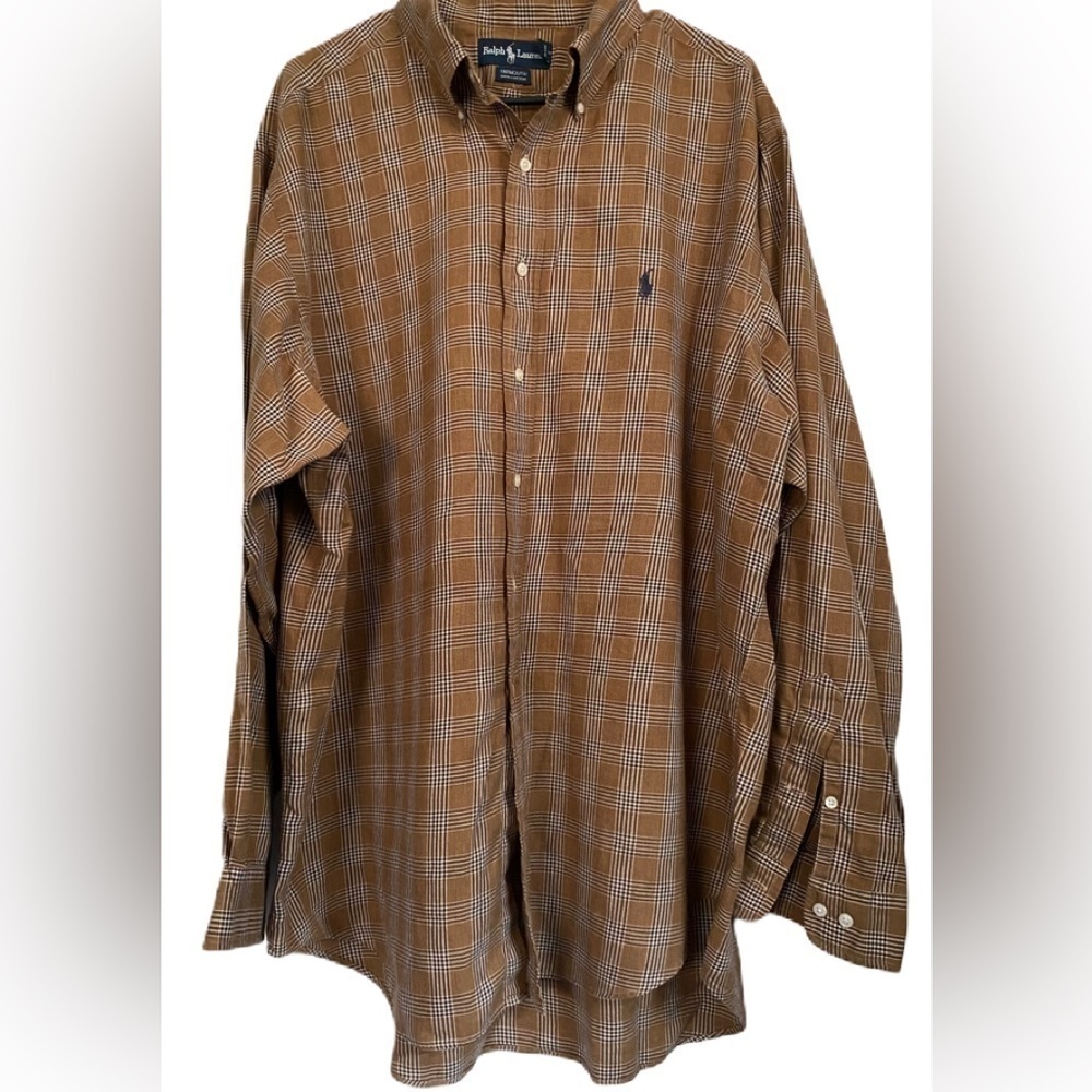 Ralph Lauren Yarmouth Brown Plaid cowboy long Sleeve Dress Shirt Sz 17 1/2 36-37